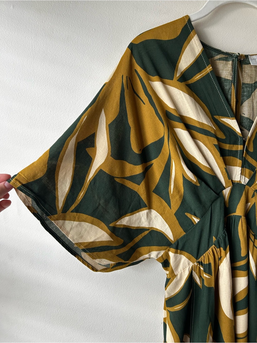Boho Tropical Dress Forum Kimono Sleeve Maxi Floral Dress Forest Green Tan Cream - Picture 4 of 11